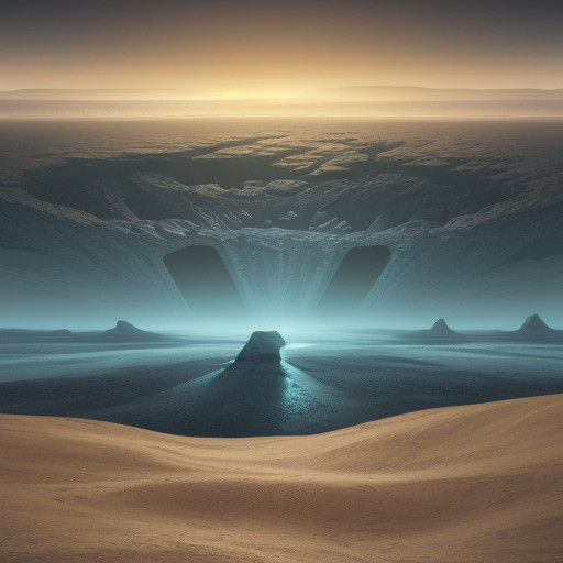 Surrealistic Futuristic Landscape with Crash-Landed UFO on U...