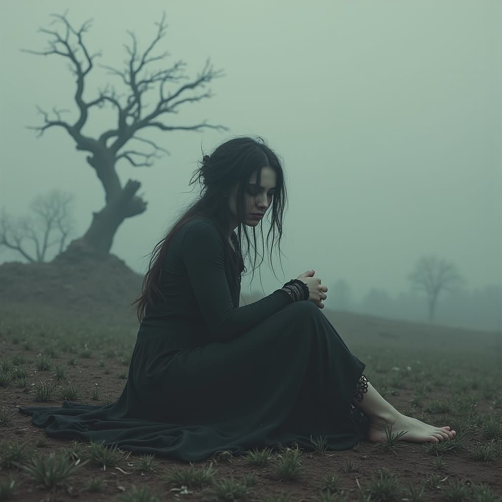Melancholic Woman in Desolate Landscape: Evoking Sorrow