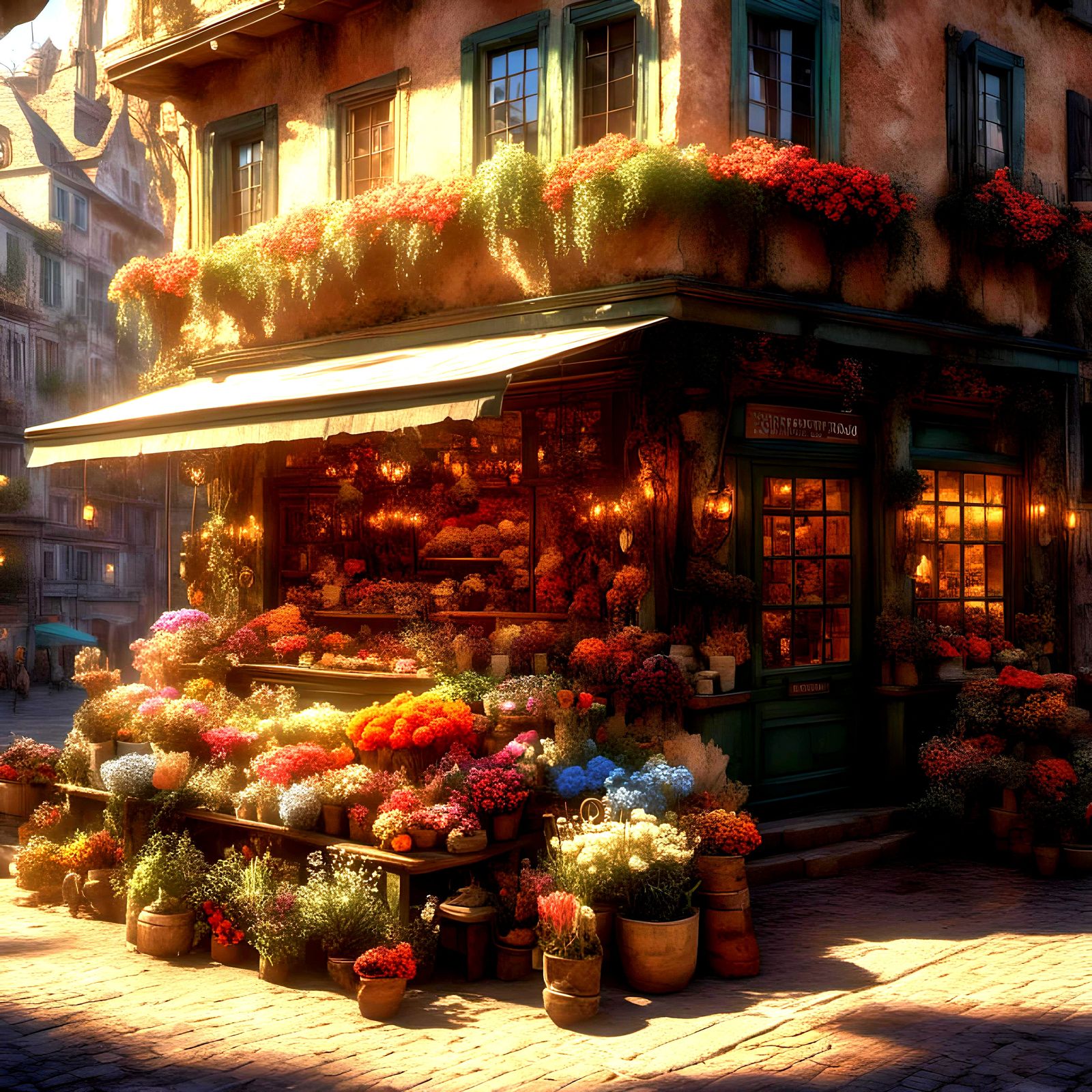 Ethereal Flower Shop Streetscape in Evening Light