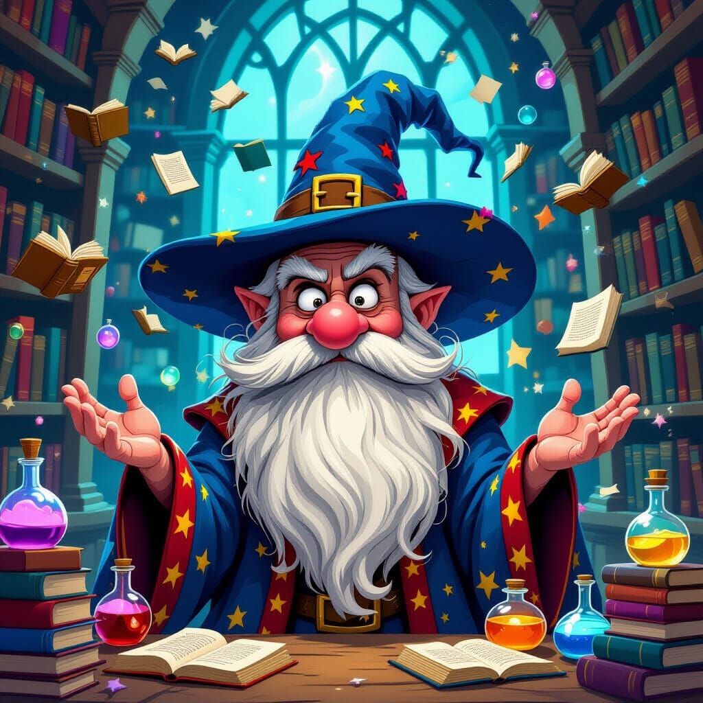 Grumpy Wizard in Star Robe Amidst Magical Library