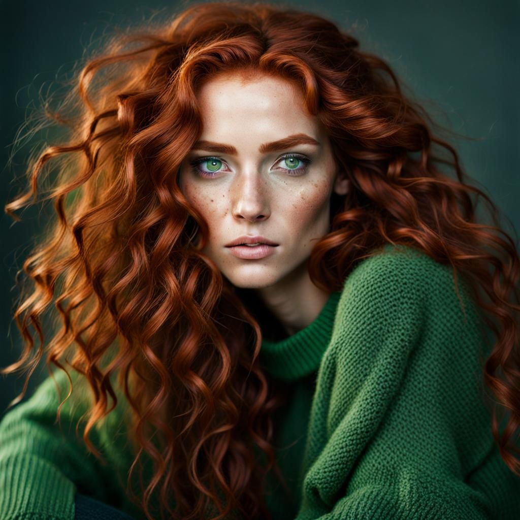 Ethereal Red-Haired Woman with Green Eyes