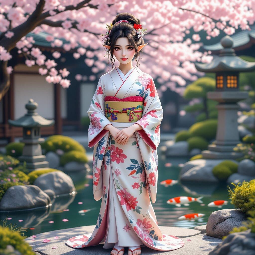 Graceful Troll in Japanese Garden with Kimono