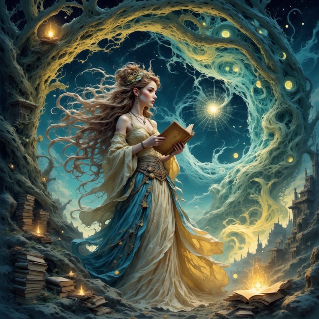 Celestial Librarian in Cosmic Art Nouveau Style