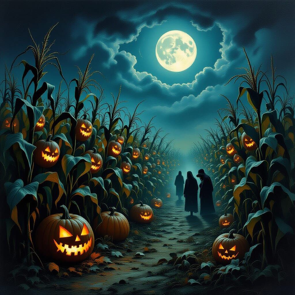 Eerie Midnight Harvest Festival in Surrealist Oil Style