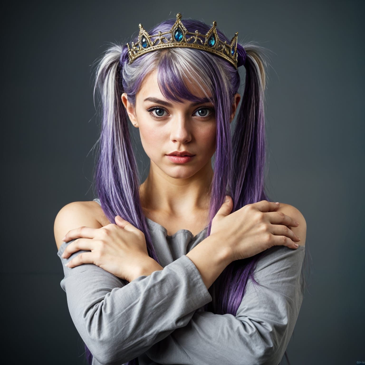 Woman with Purple Pigtails and Crown Poses Boldly