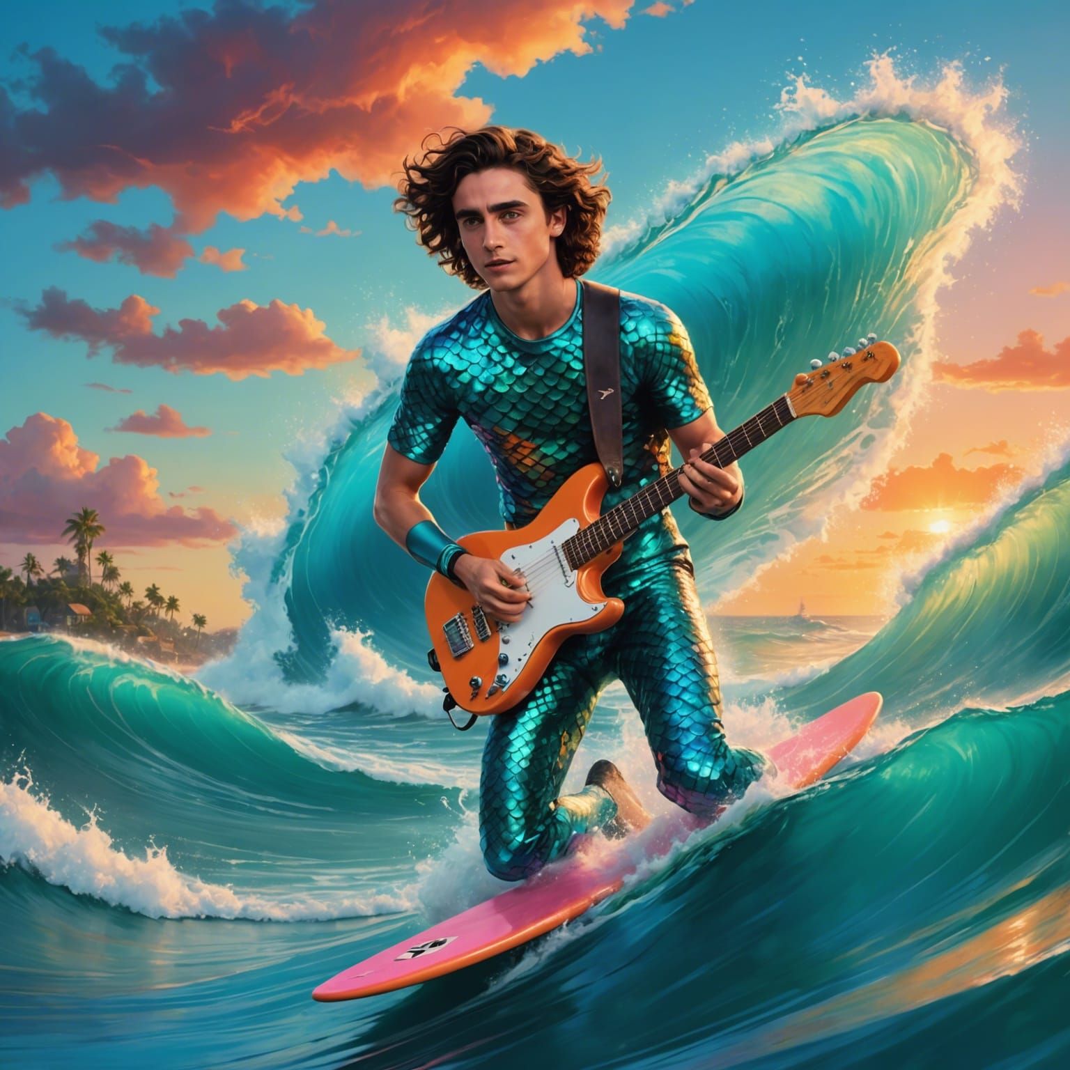 Mermaid Man Timothée Chalamet Surfing Giant Wave