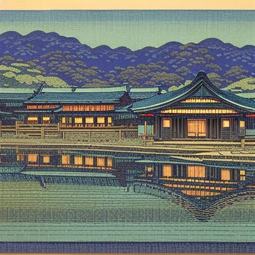 Serene Village Landscape in Shin-hanga Style