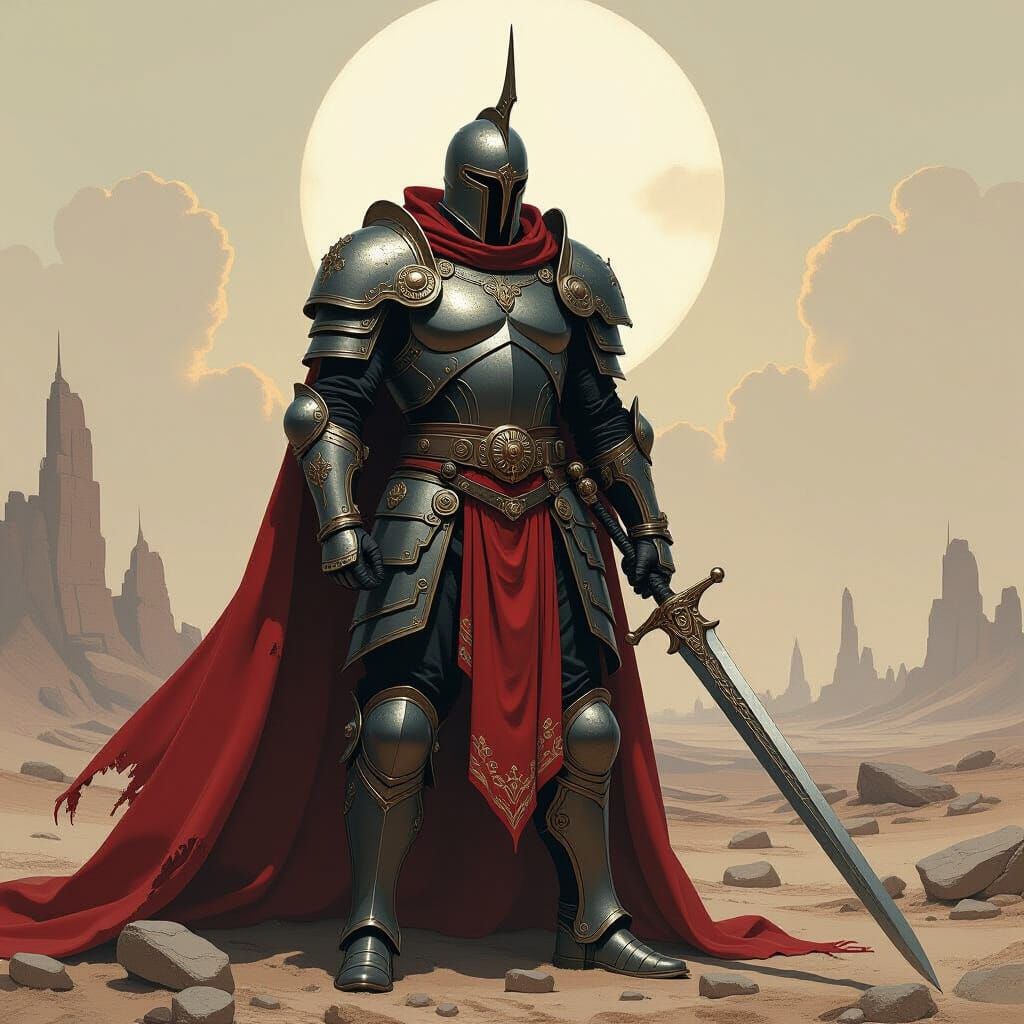 Regal Warrior in War-Torn Land, Frazetta Style