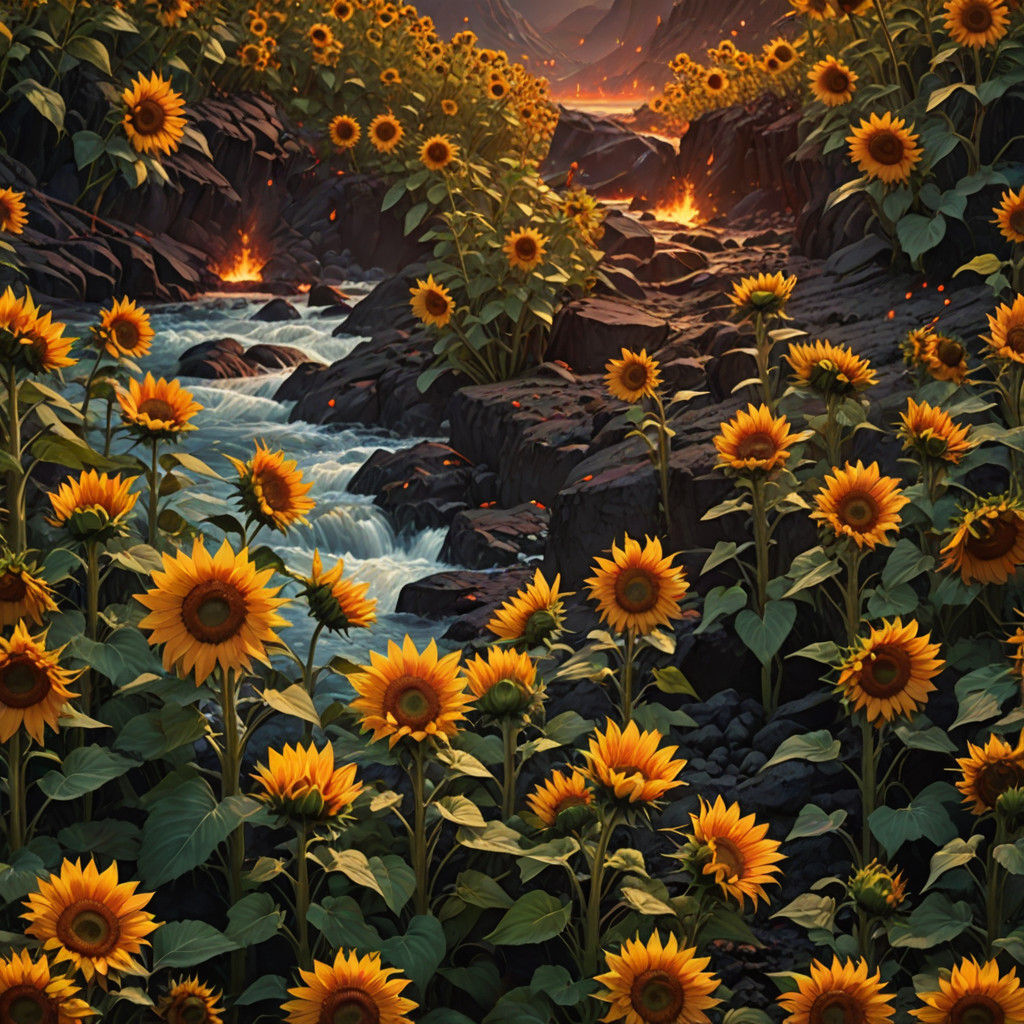 Spectacular Sunflowers of Fire and Lava in Cinematic Style