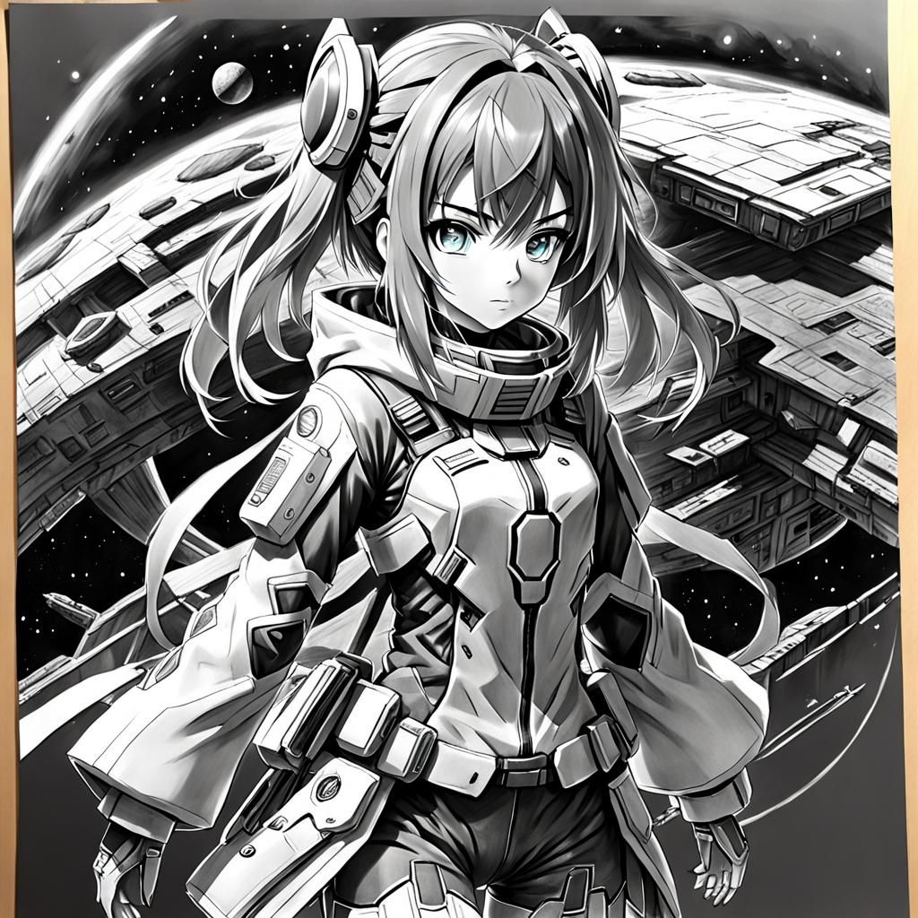 Hyperdetailed Sci-Fi Anime Girl Charcoal Drawing