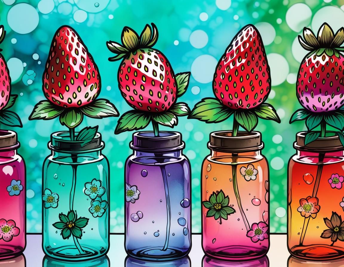 Blooming Strawberry Plants in Glass Bottles