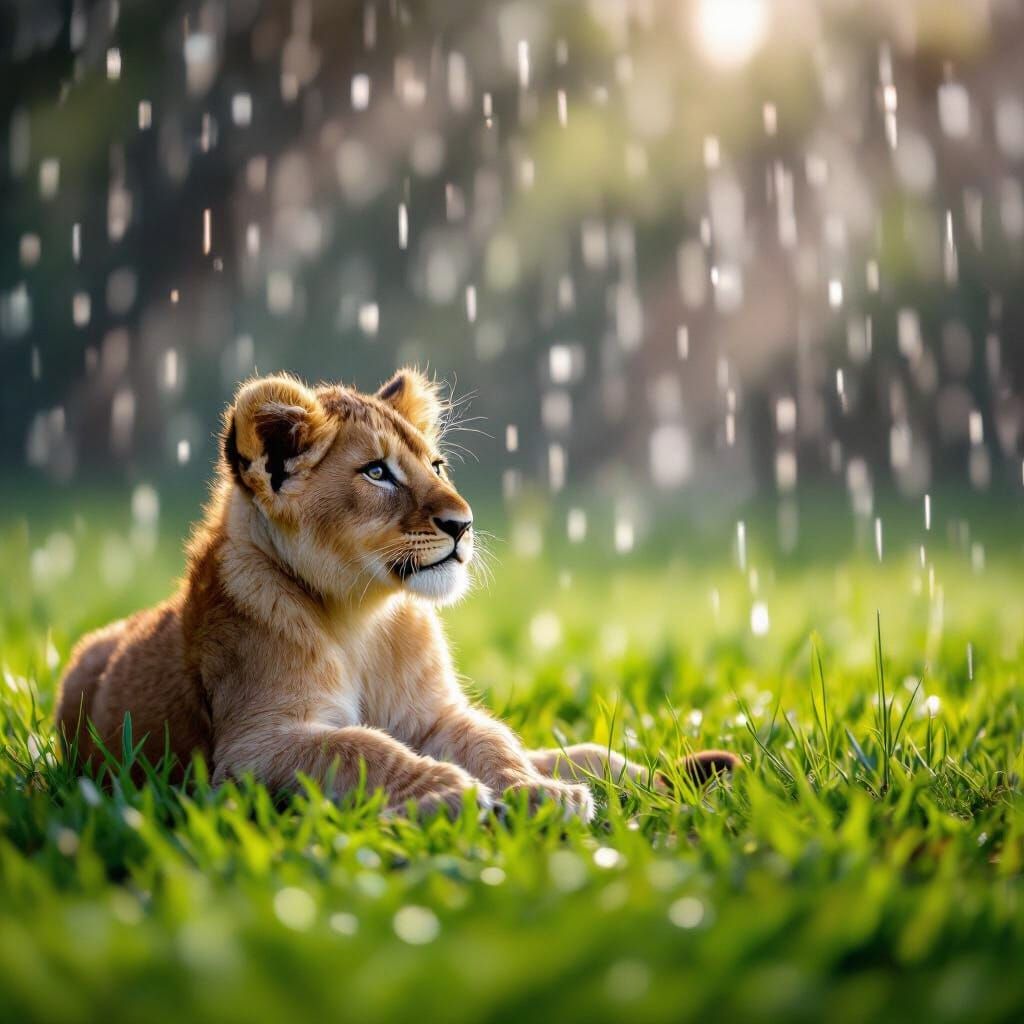 Baby Lion on Green Grass with Crystal Hailstorm