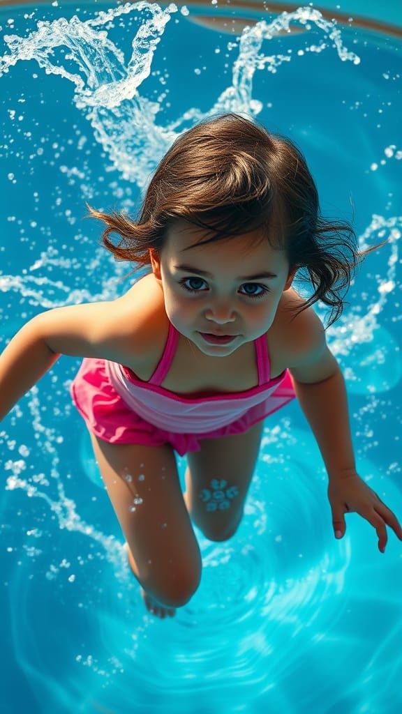 Girl in Pink Swimsuit Jumping into Pool: Matte Painting