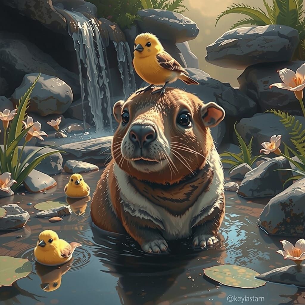 Cartoon Capybara in Hot Spring with Bird