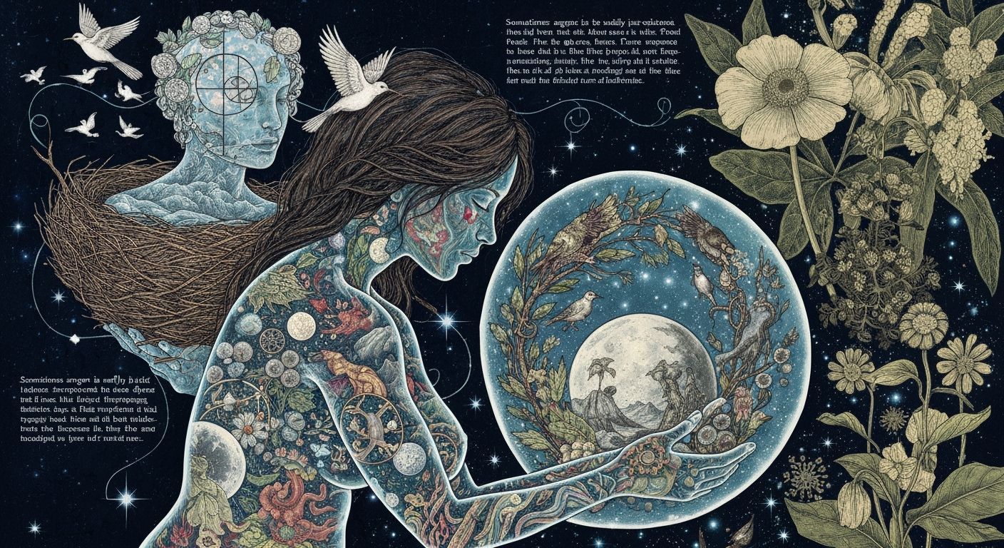 Ethereal Woman Carrying Nature's Nest in Dreamlike Art