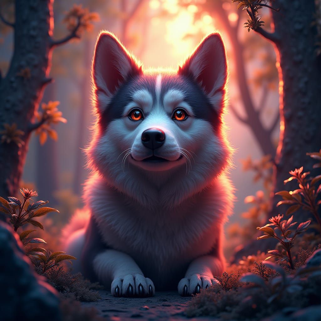 Mystical Dog Portrait in a Jewel-Toned Landscape