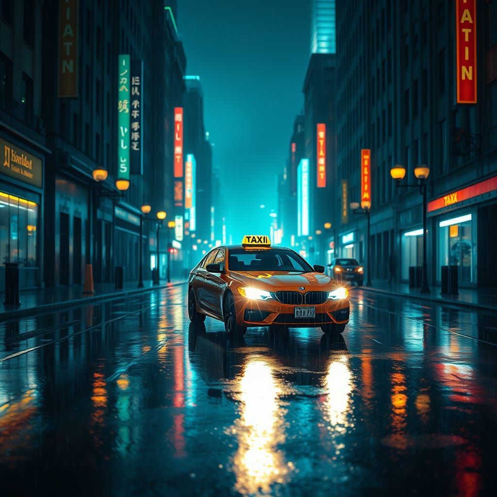 Futuristic Taxi Illuminates Rain-Soaked City Street in Neon ...
