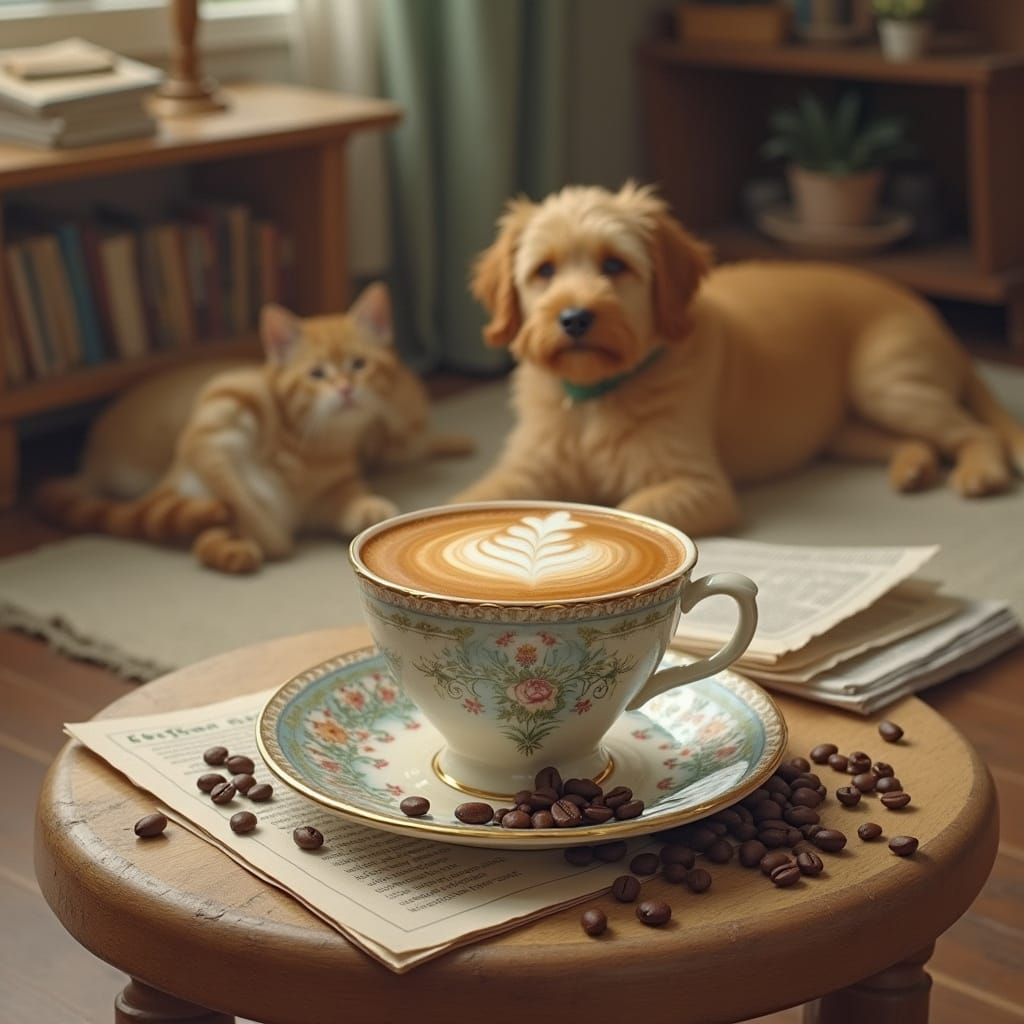 Cozy Coffee Scene with Whimsical Pets
