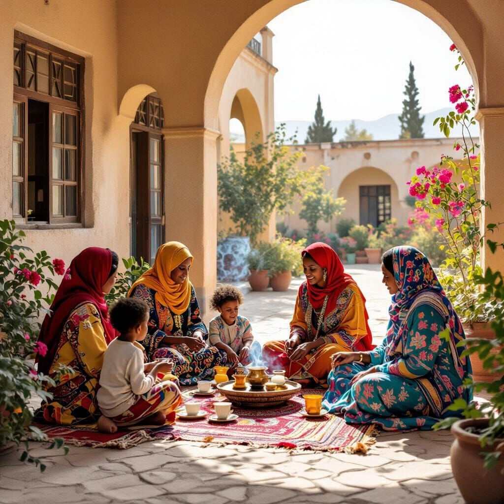 Eritrean Family in Asmara Courtyard: A Warm, Realistic Scene