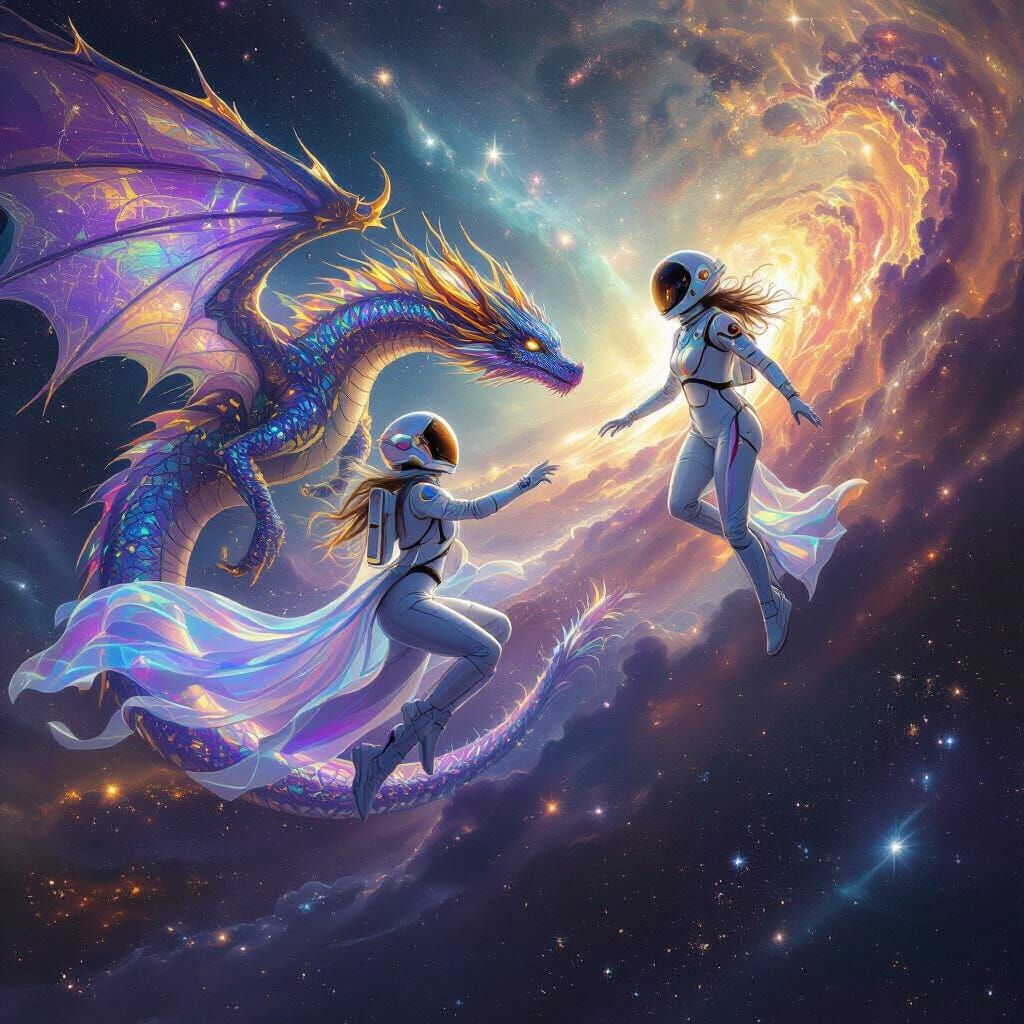 Astronaut and Dragon Soaring Through Cosmic Nebula