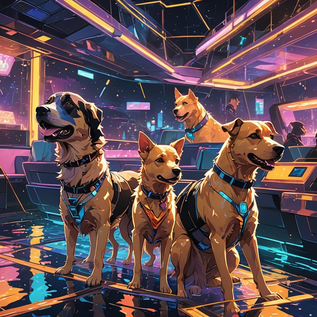 Dogs in Neon Nightclub Boat: Anime Style