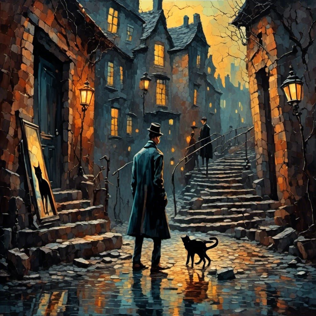 <lora:SybilThorn-LORA2:1.0> A man holding a broken hand mirror walks under a ladder while a black cat crosses his path