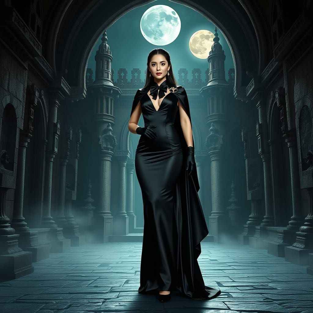 Gothic Chinese Vampire Countess in Black Tie Attire