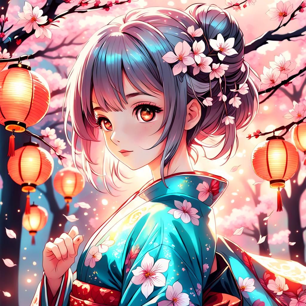 Anime Girl in Kimono with Cherry Blossoms