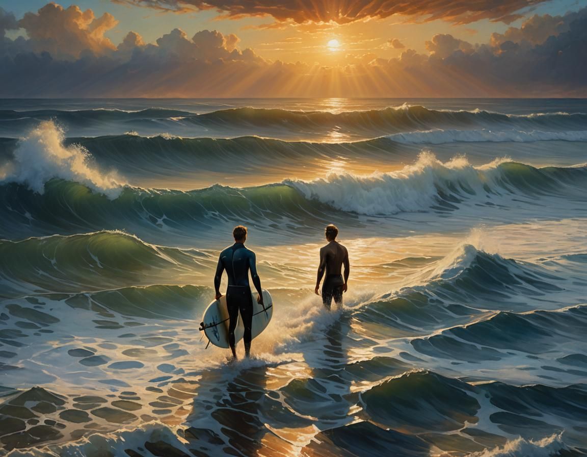 An oil painting of a surfer waits for waves in the ocean whi...