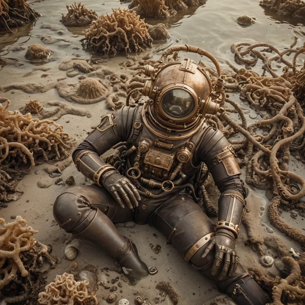 Steampunk Diving Suit with Jellyfish in Golden Light