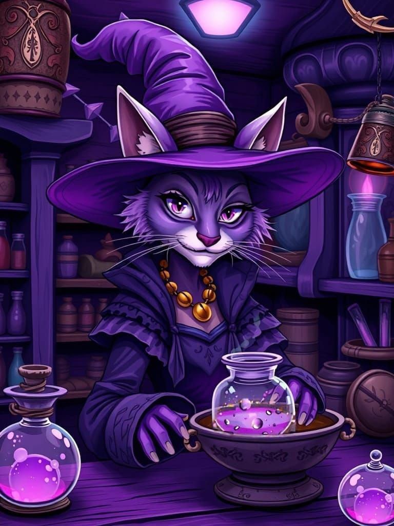 Mystical Alchemist Unveils Enchanted Vessel in Deep Purple H...