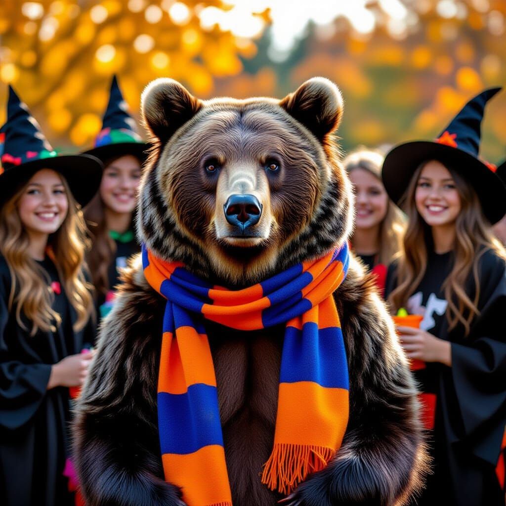 Brown Bear at Halloween Dance in Hyperrealism Style