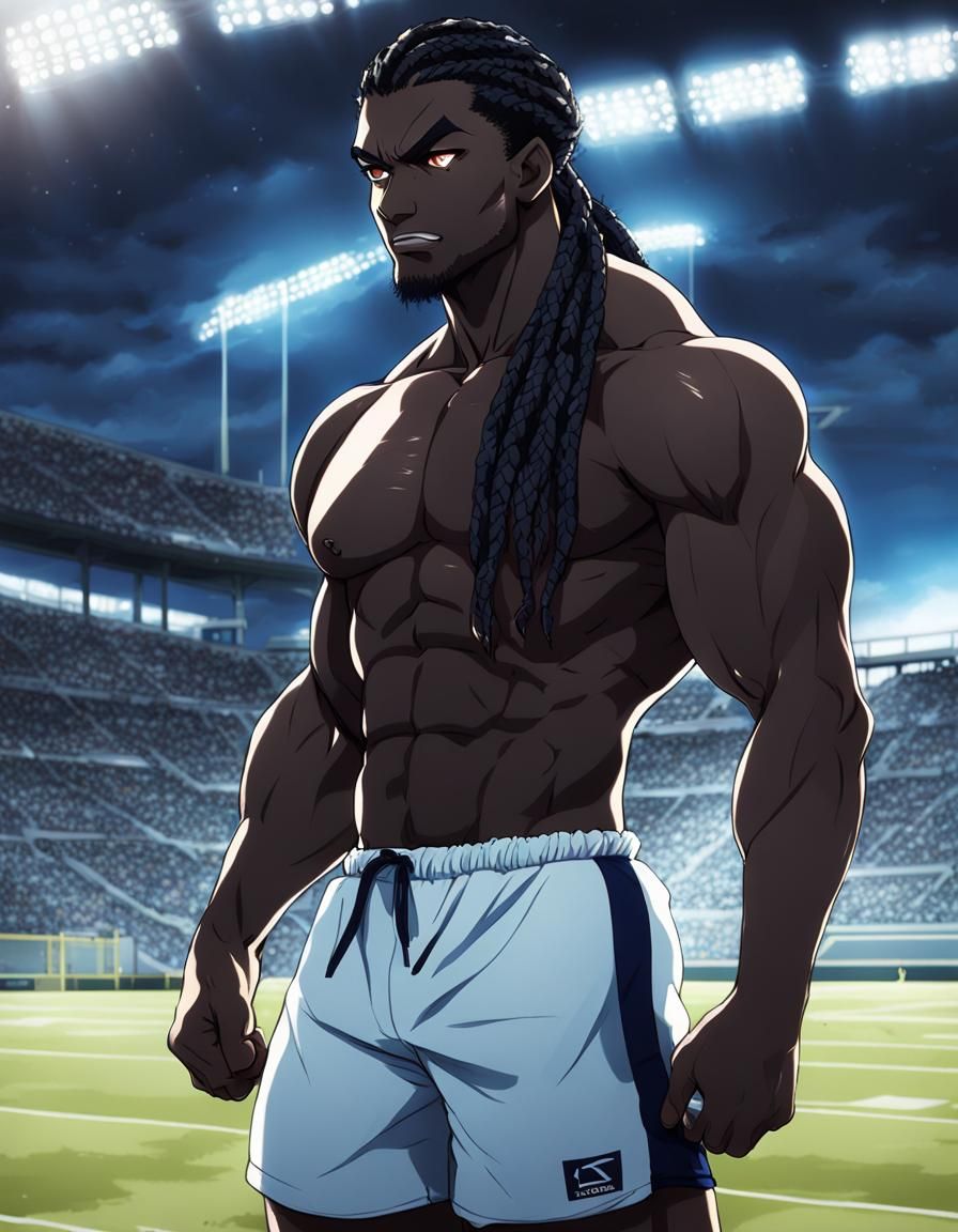 Muscular Black Man on Football Field in Anime Style