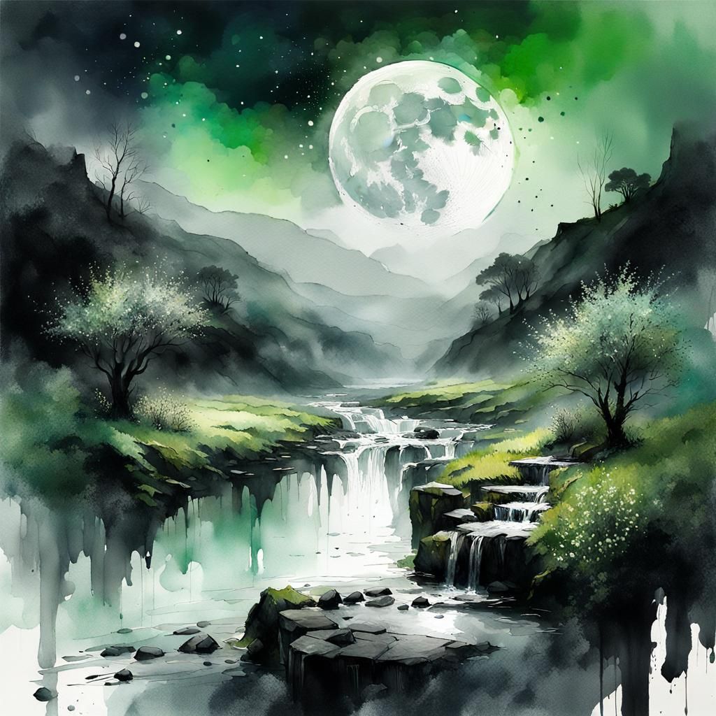 Lush Moonlit Landscape in Art Nouveau Watercolor