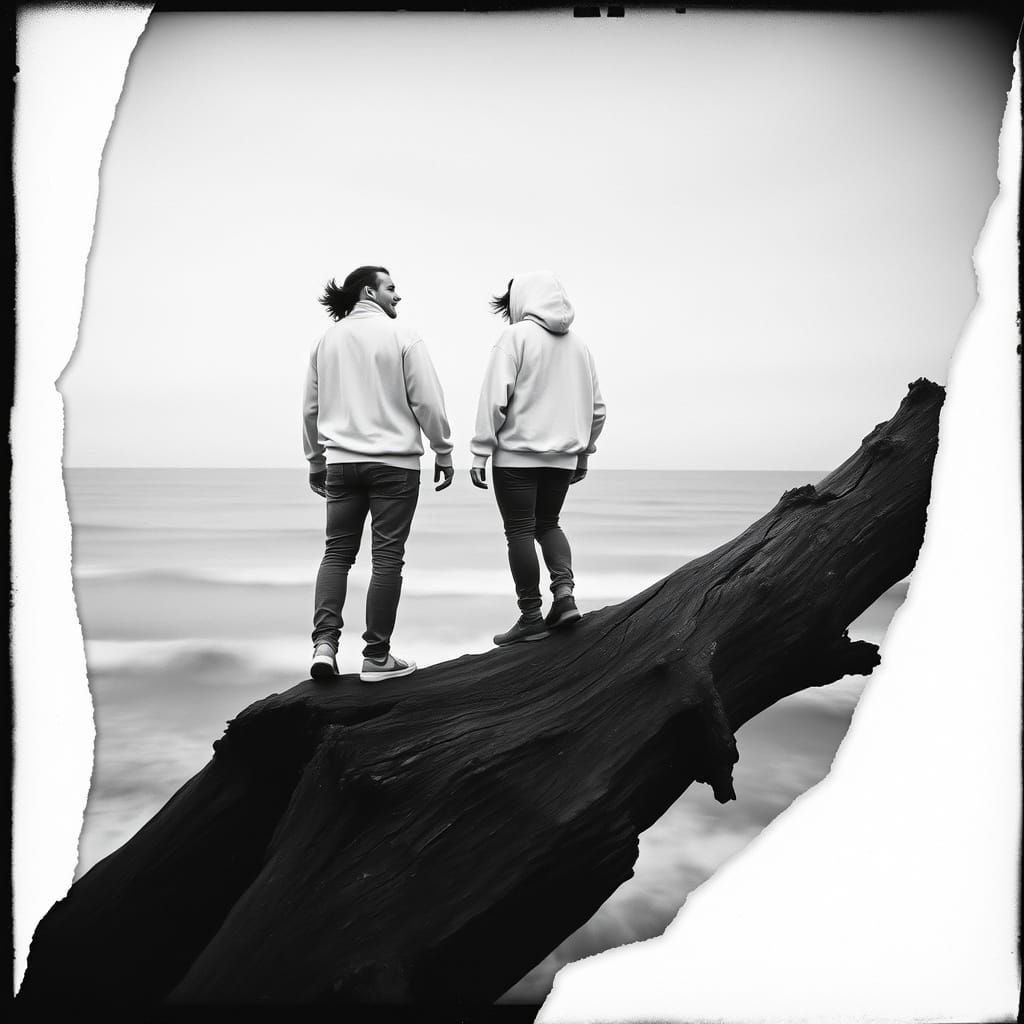 Grainy Pinhole Photo of Joyful Figures on Fallen Tree