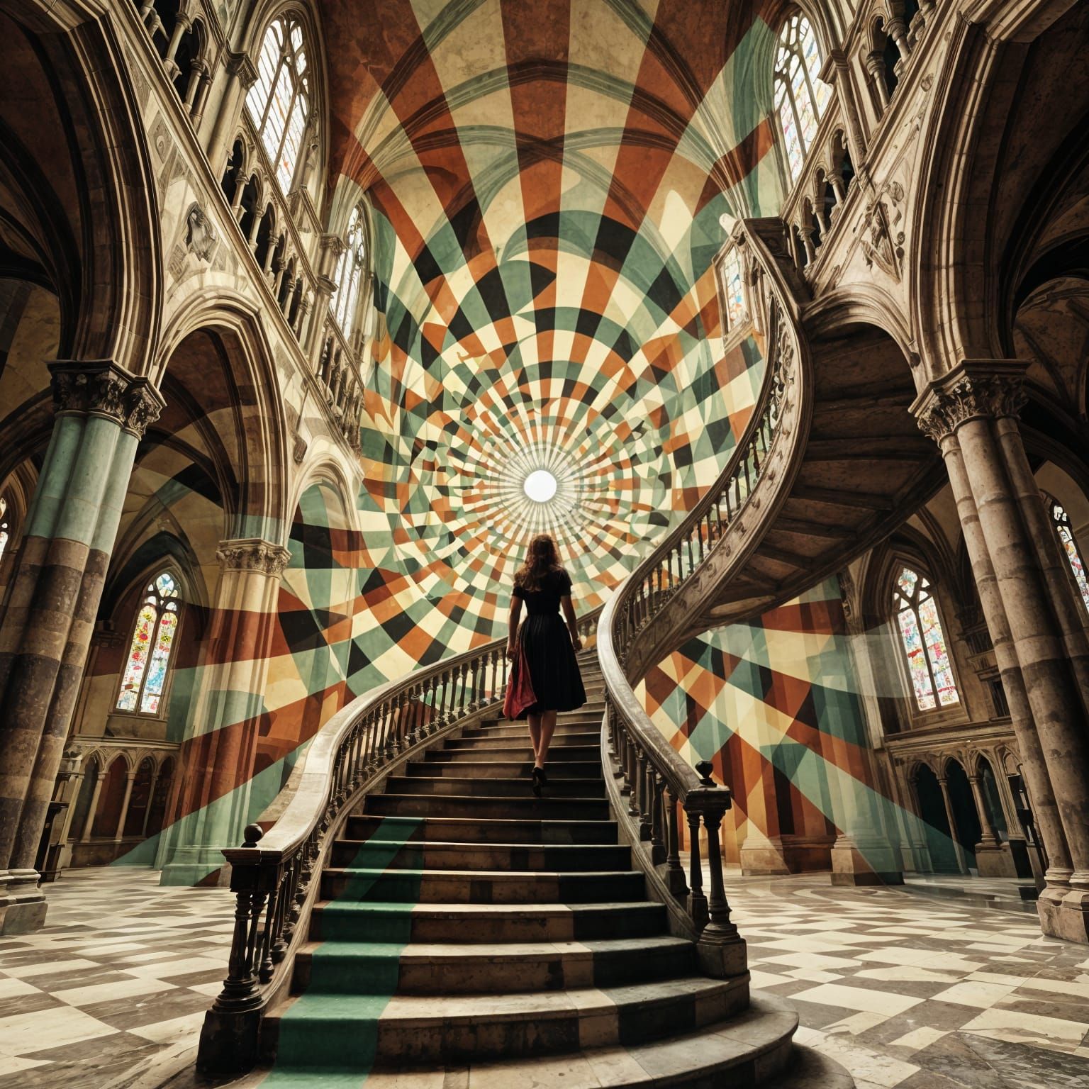 Distorted Cathedral Staircase in Vertigo Art Style