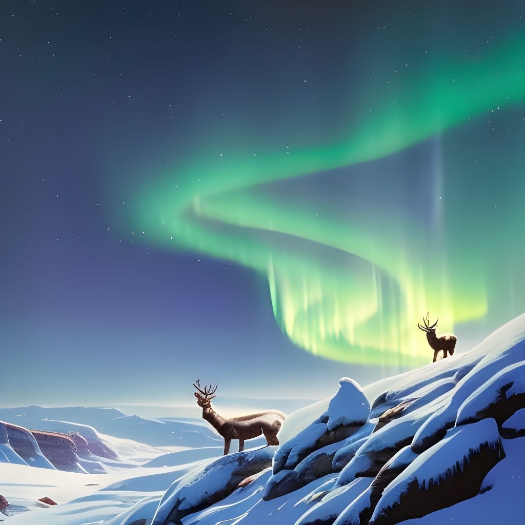 Reindeer Under Northern Lights: Dark Fantasy Art