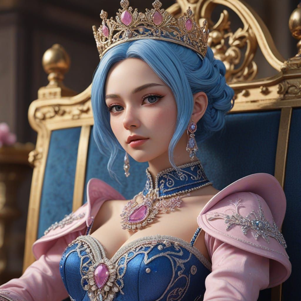 Blue and Pink Queen on Throne in 3D Anime Art