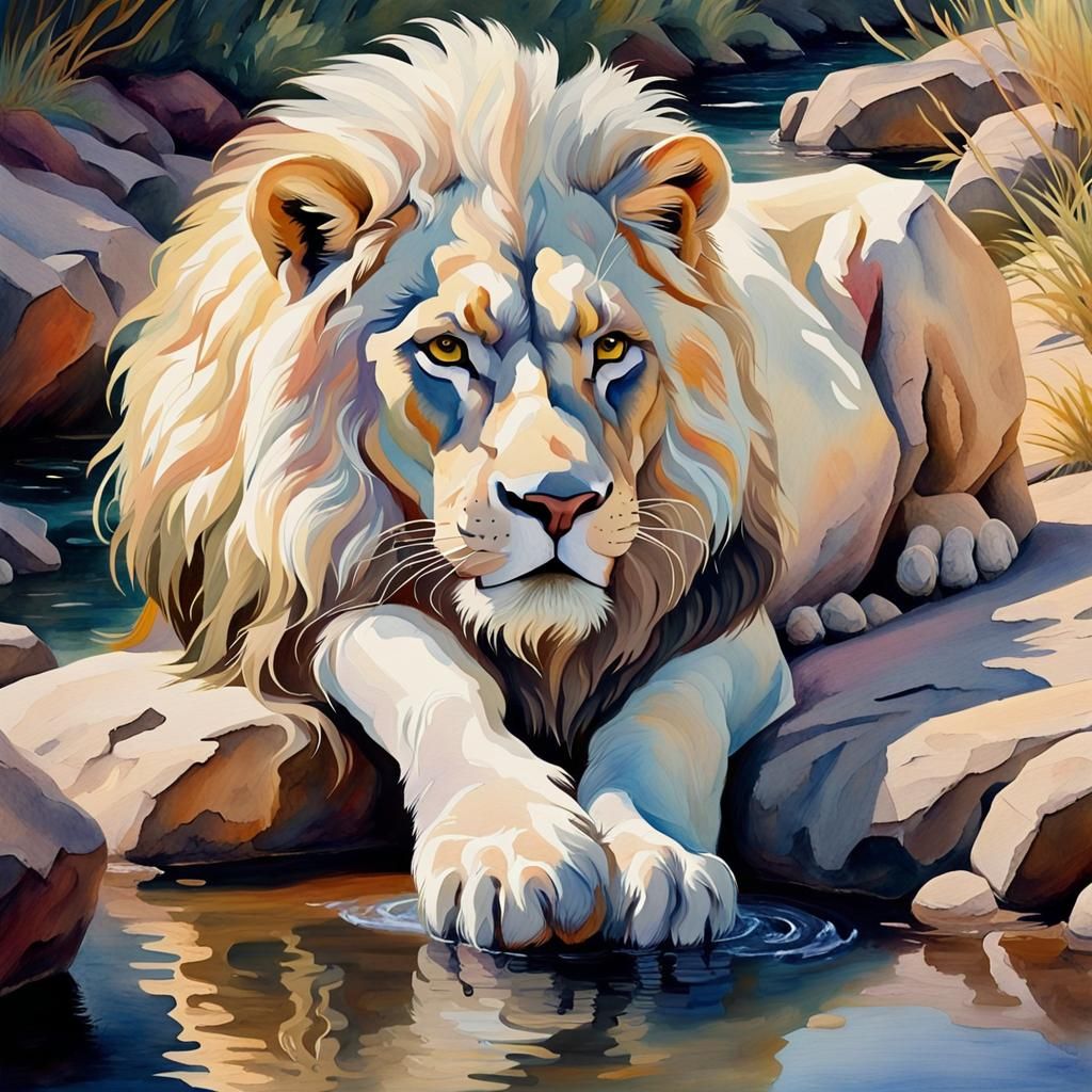 White Lion Beside Stream in Watercolor Style