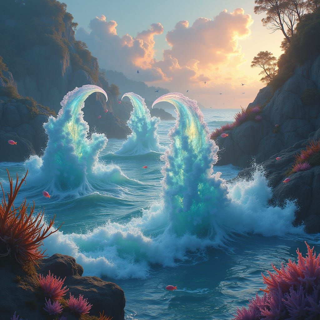 Ethereal Wave Elementals in Vibrant Urban Fantasy Scene