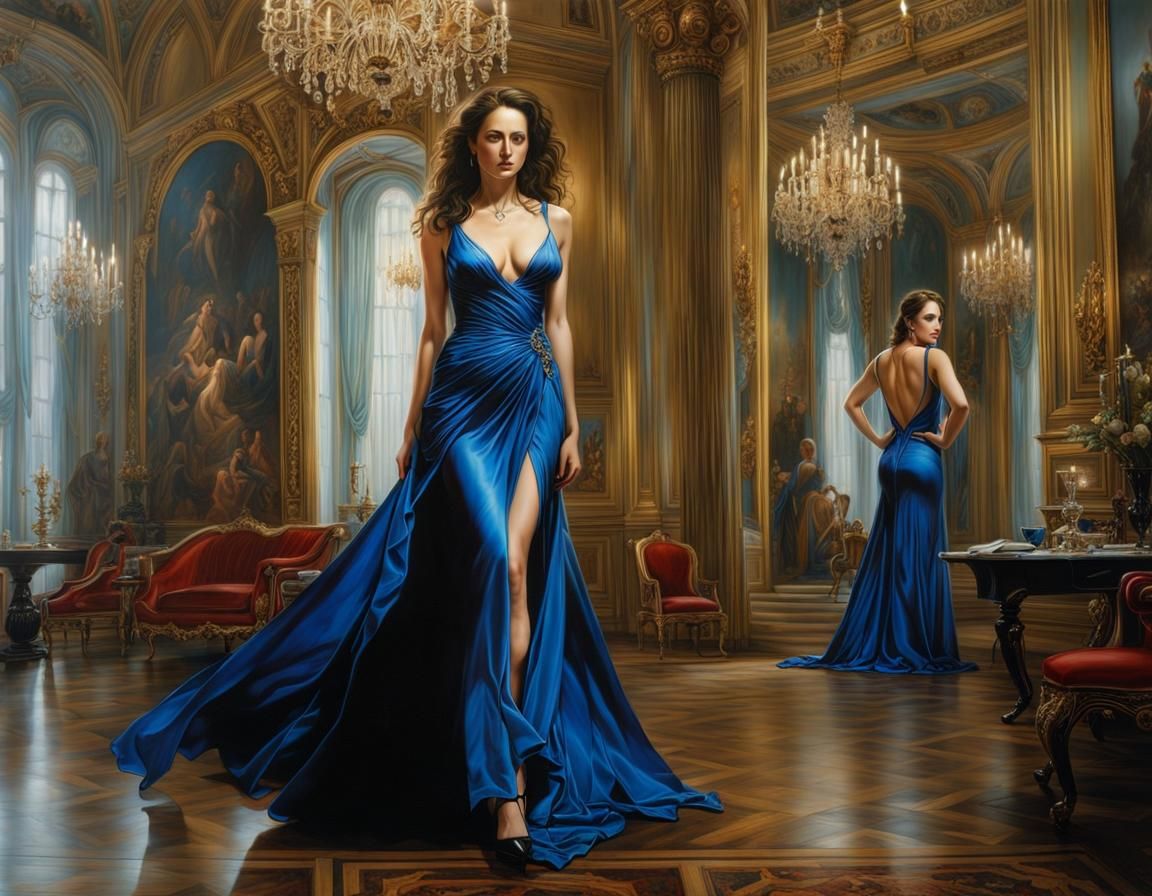 Voluptuous Woman in Blue Dress, Hyperrealistic Art