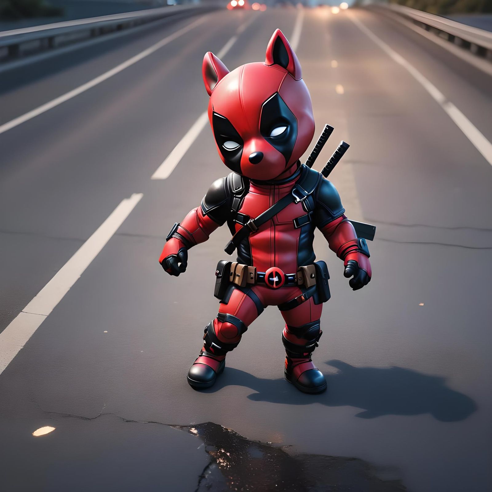 Adorable Puppy Deadpool on Freeway, 3D Anime Art