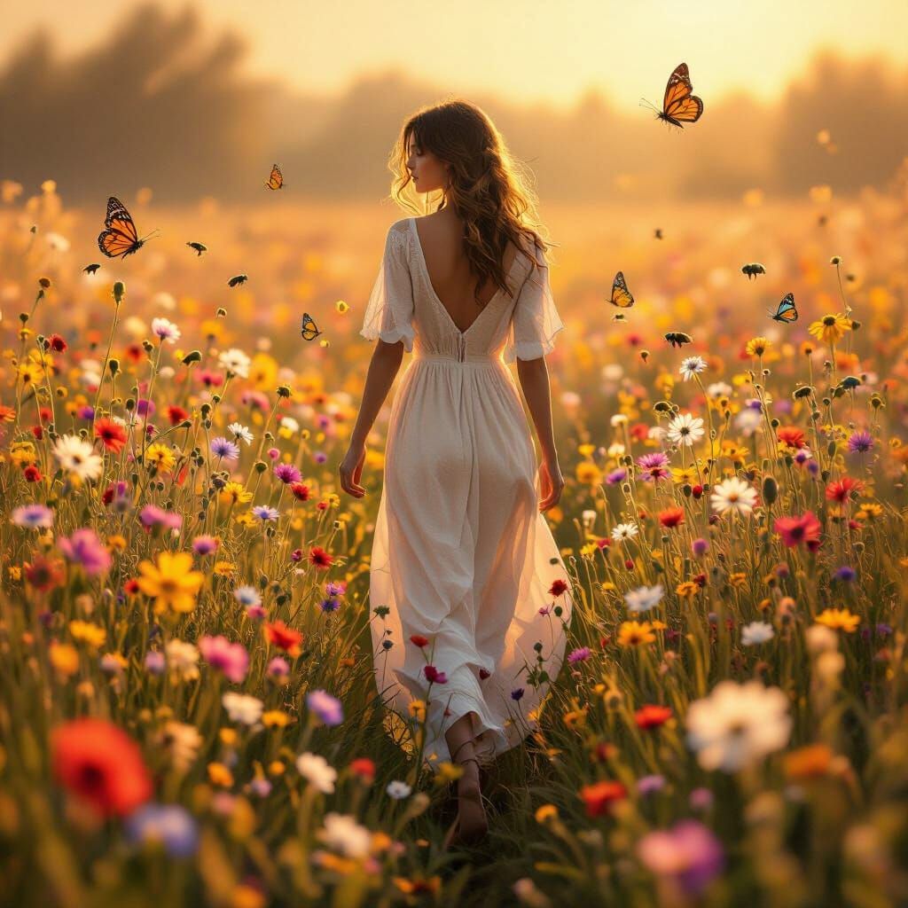 Woman in Wildflower Field, Fantasy Concept Art