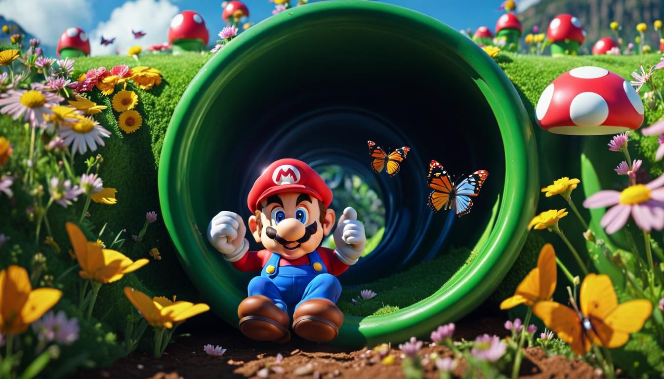 Hyperrealistic Super Mario in Spring Garden