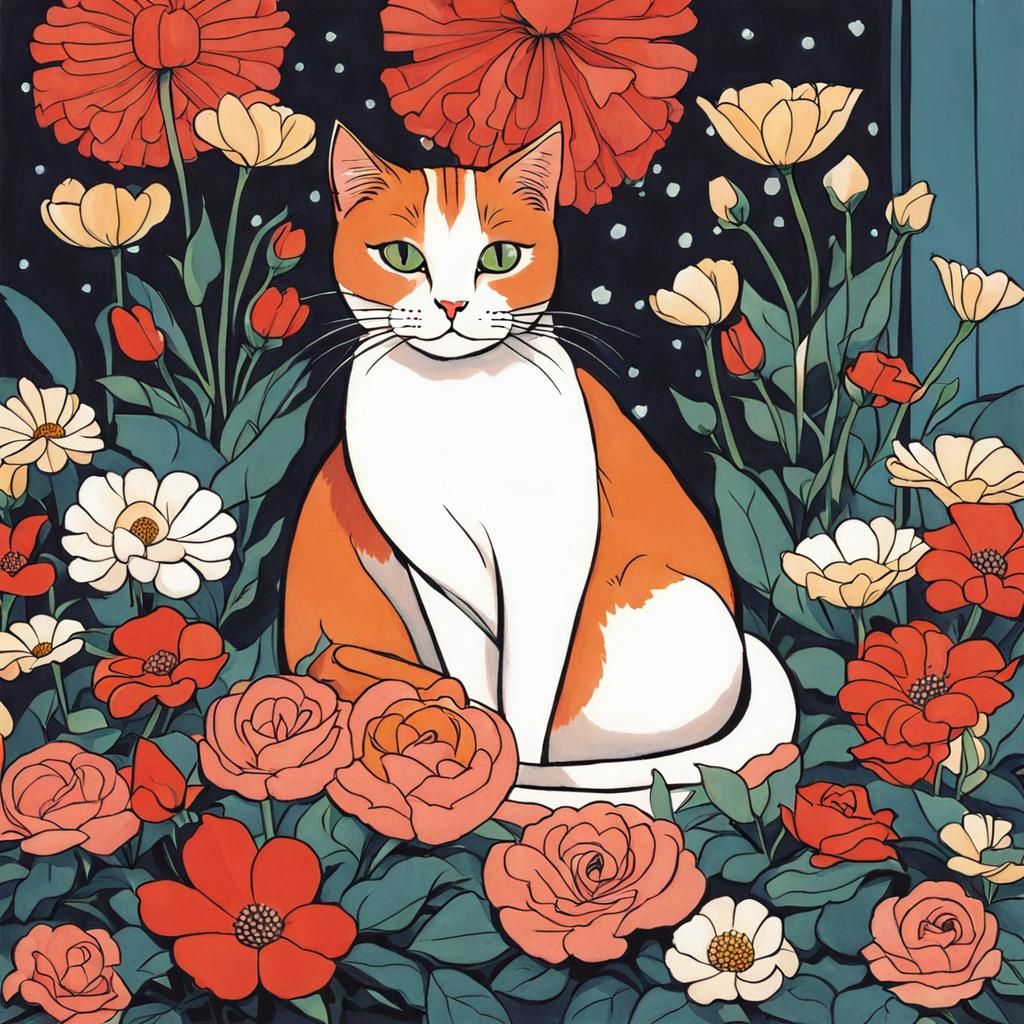 Cute Cat with Flowers in Retro Comic Style