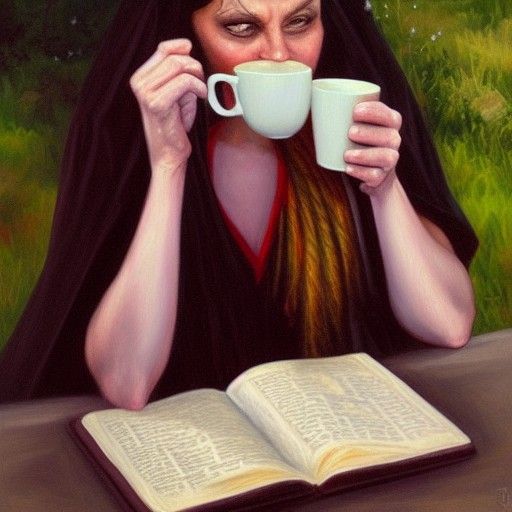 Enchanting Witch Reads Book, Oil Painting Style