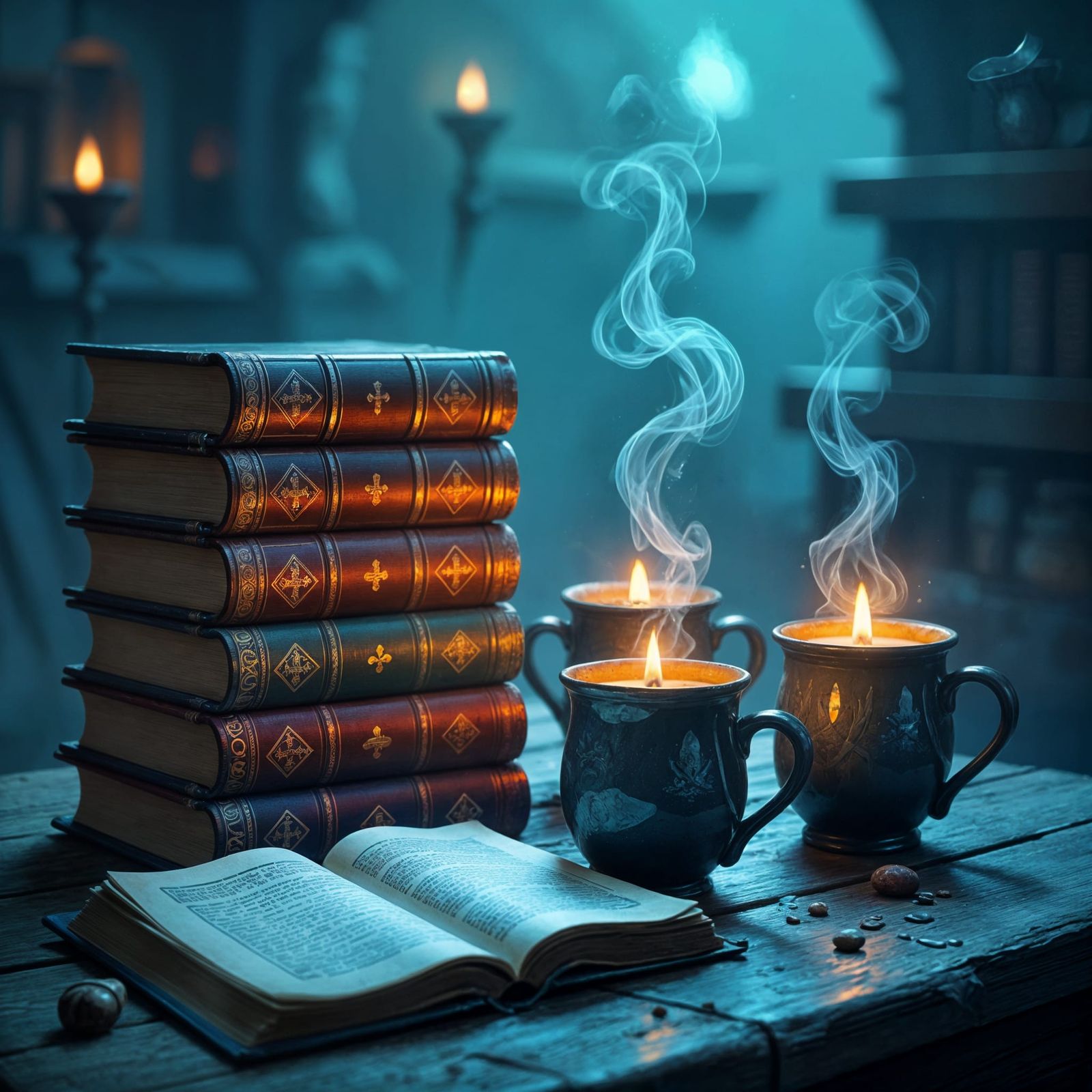 Ancient Spellbooks & Potions in Ethereal Folk Art Style