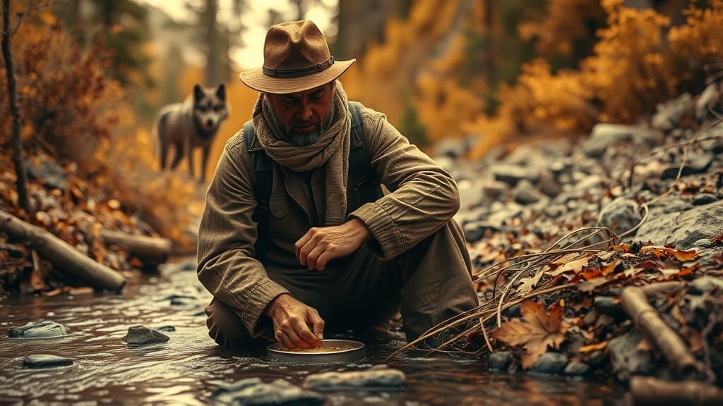 Gritty Portrait of Gold Rush Prospector with Wolf