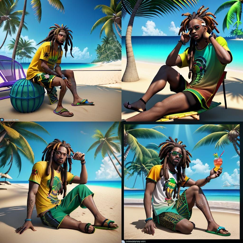 Turtle wearing Jamaican net shirt with dreads sipping on cocktail wearing flip flops and smoking on the tropical beach. ...