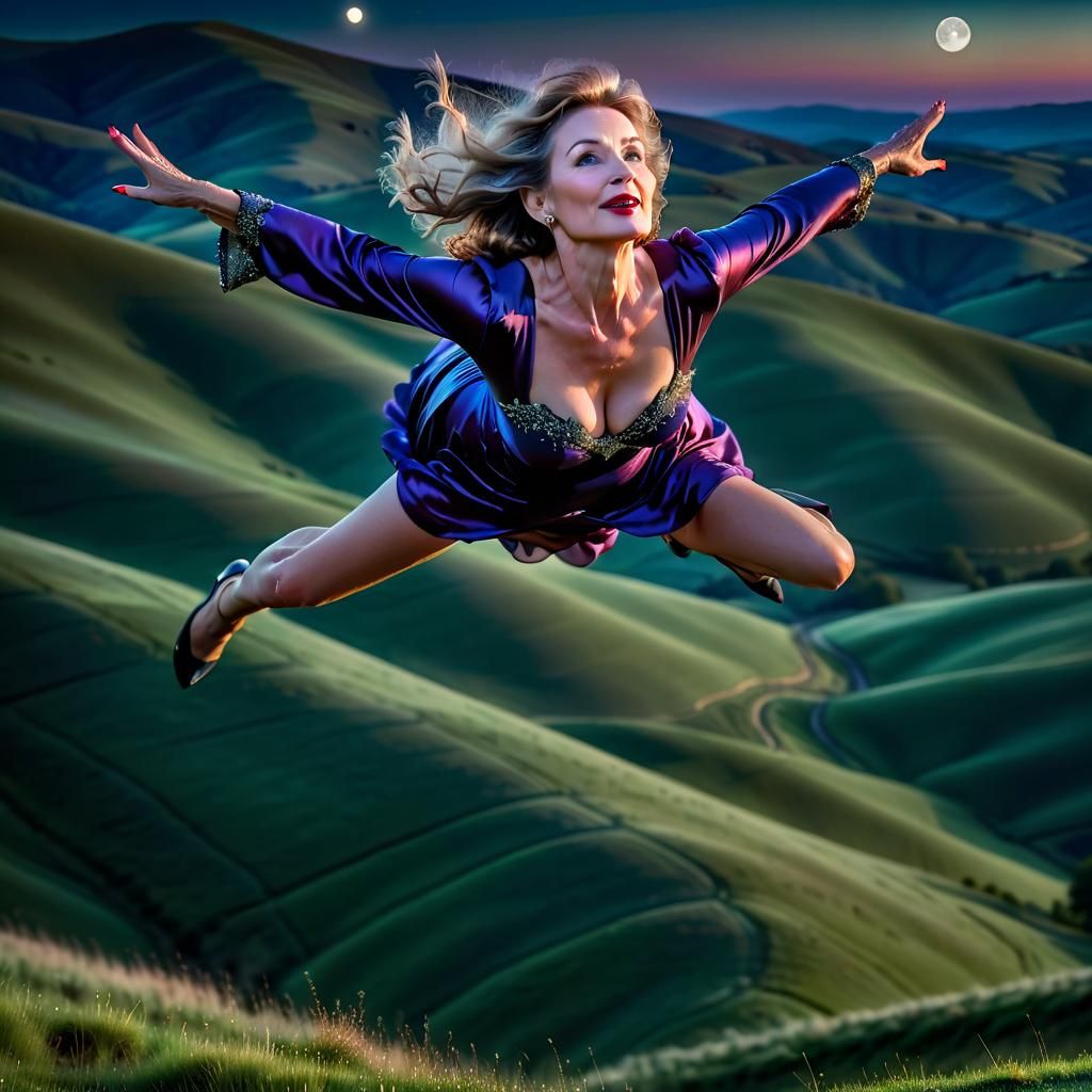Serene Lady Flying Above Dark Hills at Sunset